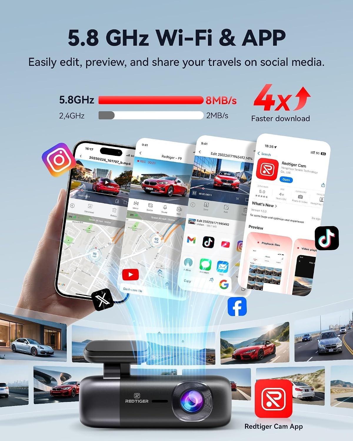 F9 4K Dash Cam Front and Rear 1080P, 5.8GHz WiFi & Smart App Control Car Came…