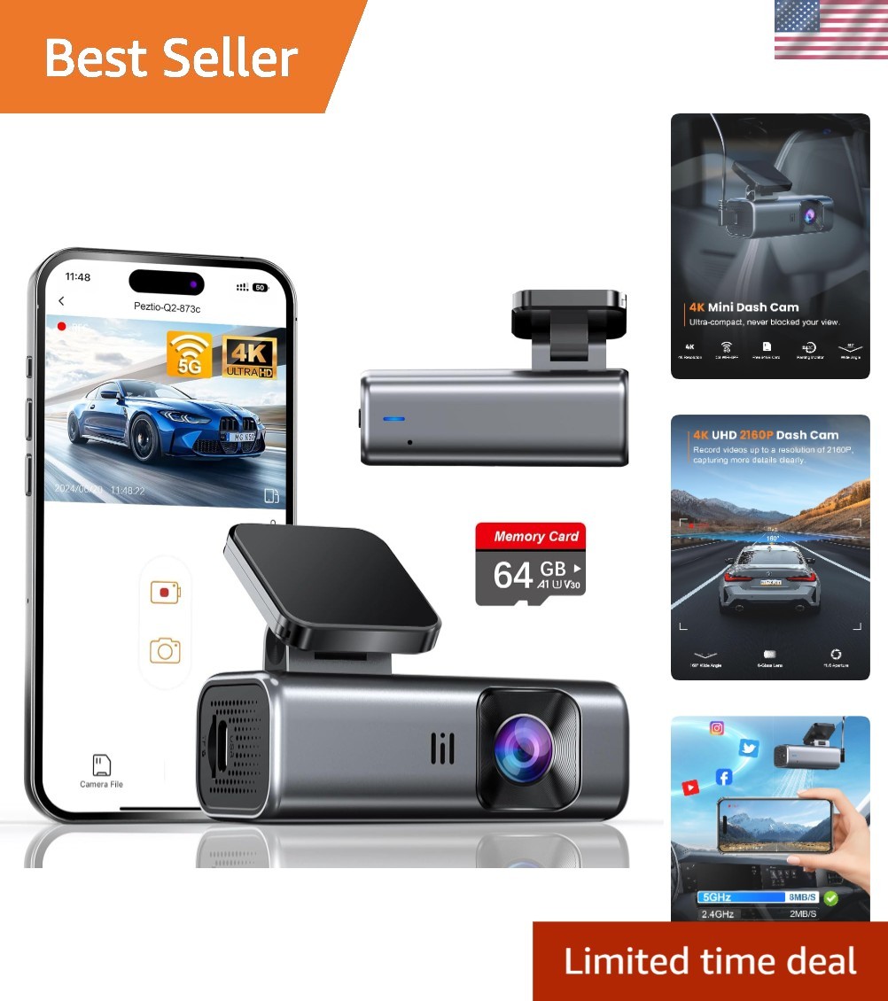 Compact 4K Dashcam with Superior Night Vision, Hardwire Parking Mode & 64GB Card