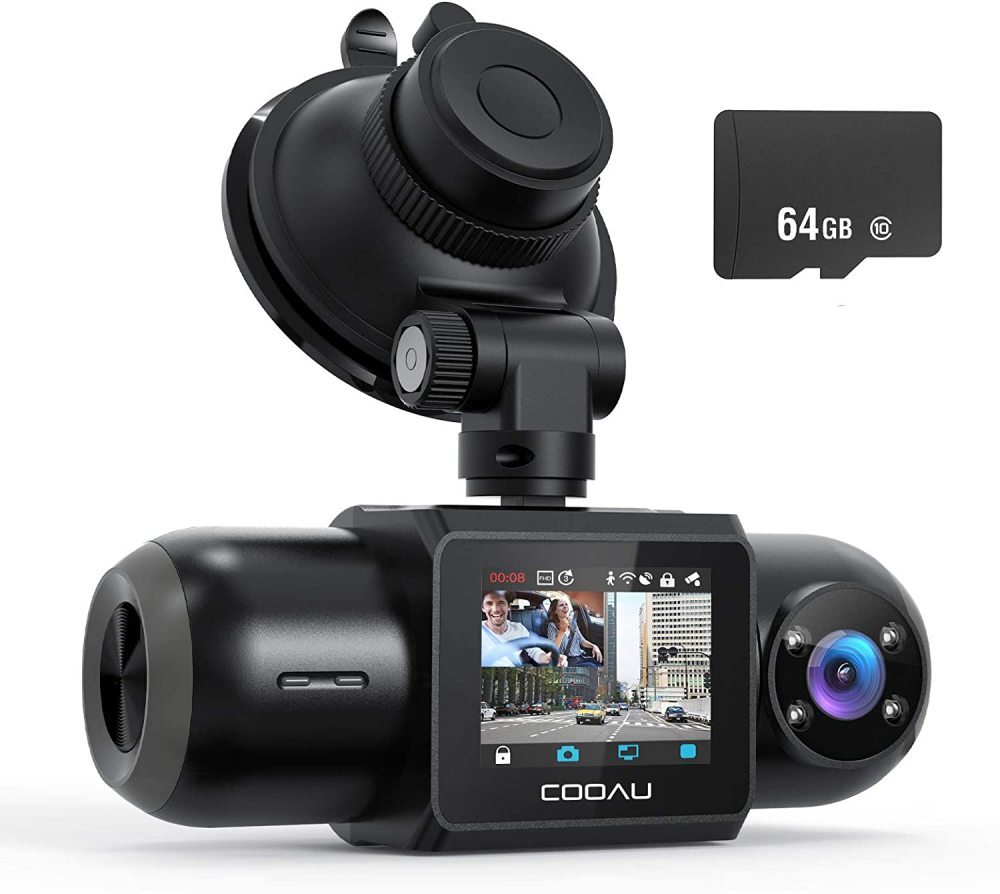 COOAU 1080P FHD Front Dash Cam Built-in GPS Wi-Fi Car Cam 64GB SD Card Included