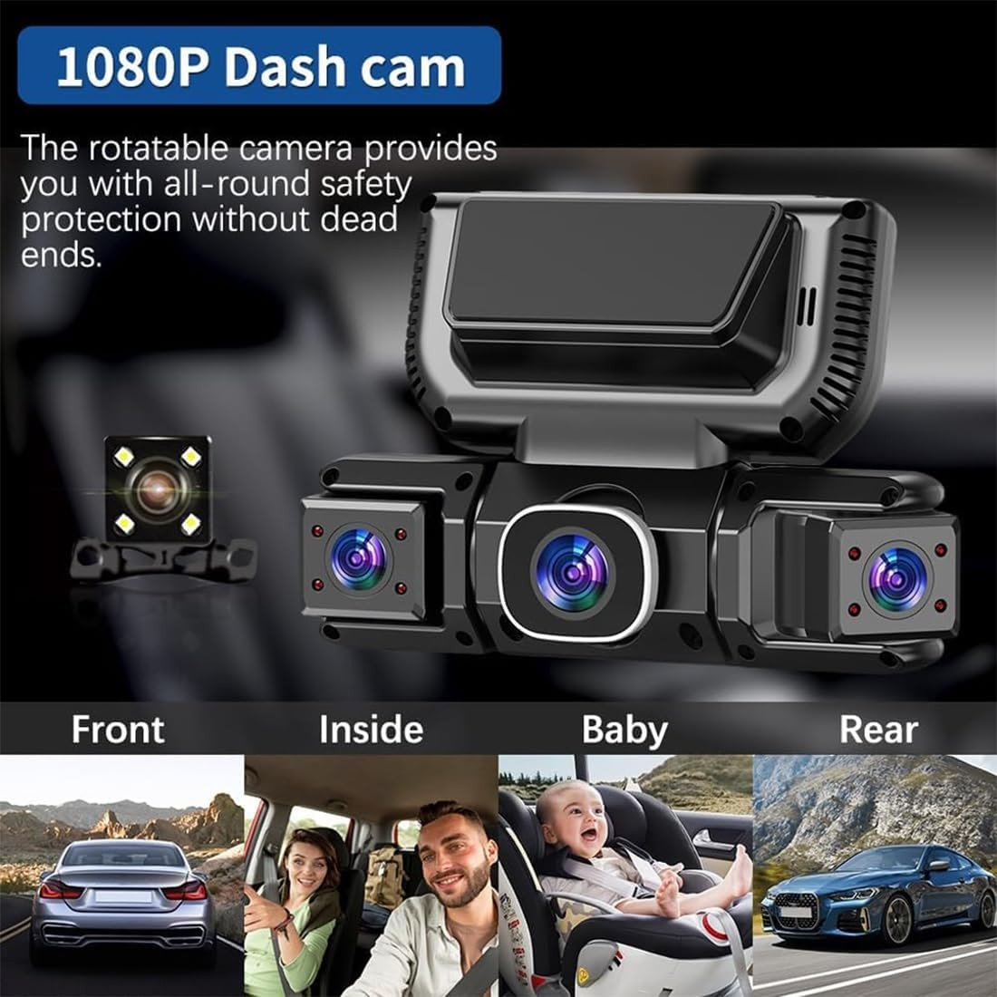 Dash Cam 4 Channel 360° Front Rear Inside DashCam FHD 1080P Car Camera 32GB