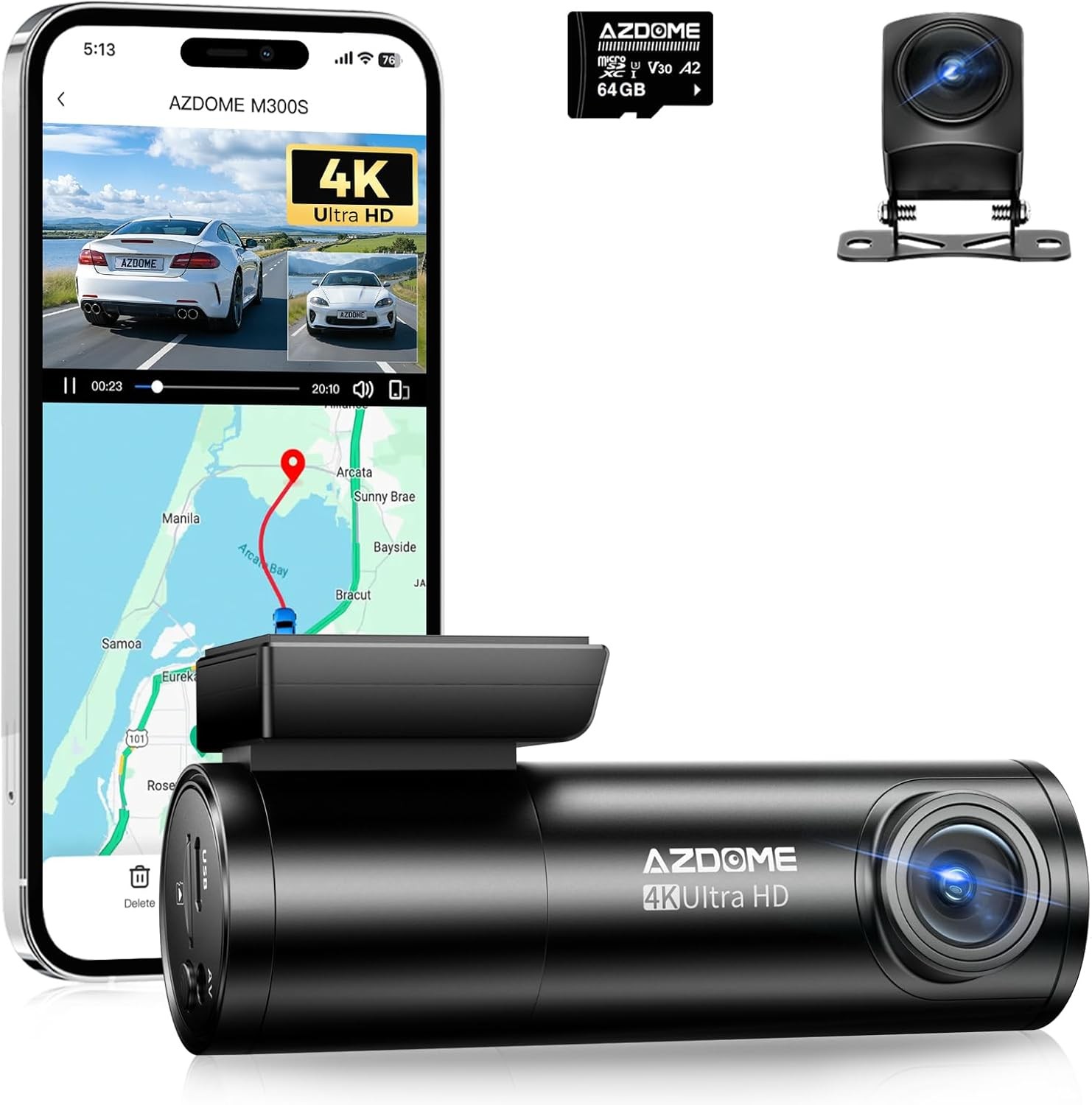 AZDOME M300S 4K Dash Cam Front 1080P Rear WiFi 6 GPS