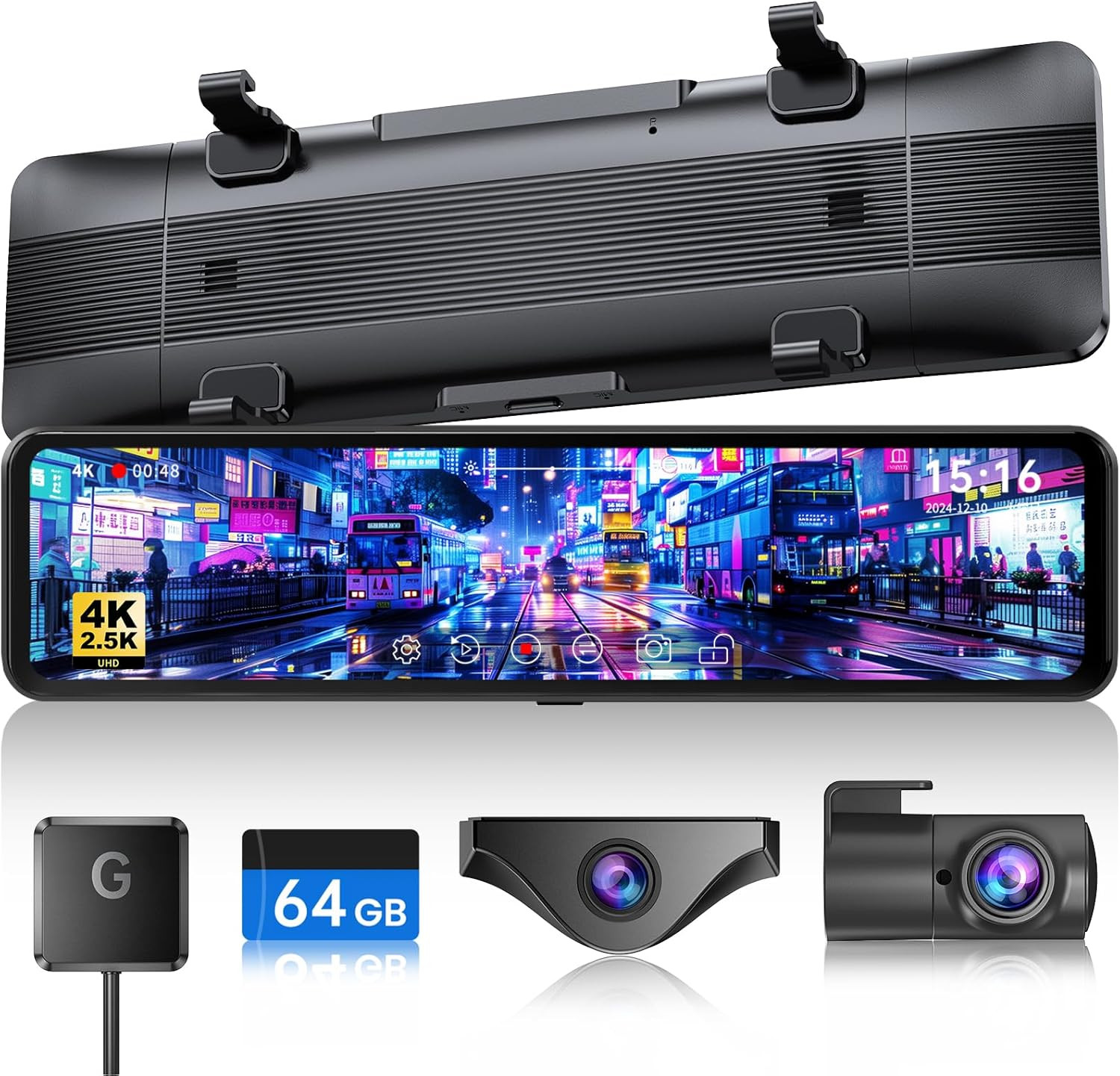 T860+ Mirror Dash Cam 4K Front and 2.5K Rear, Detached Front Camera for 10-Minut