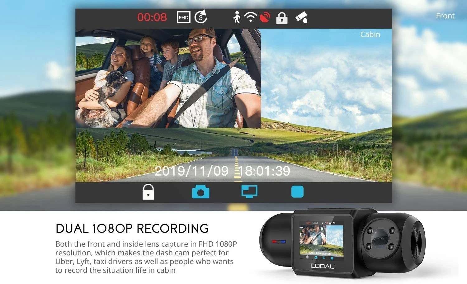 COOAU D30S 1080P Dash Cam Front and Car Camera Recorder 128GB SD Card Included