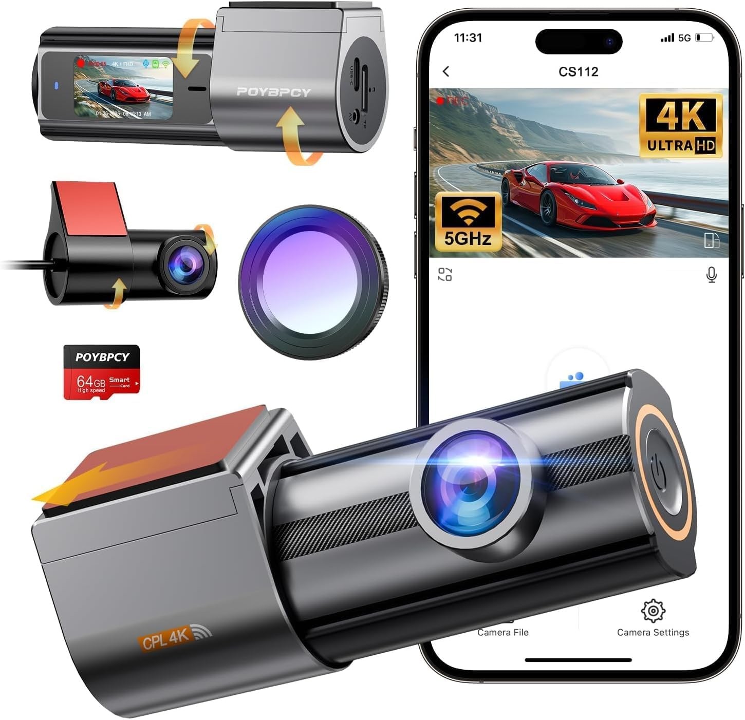 Dash Cam Front and Rear 4K, Built-in 5GHz WiFi with CPL, Dual Dashcams for Ca…