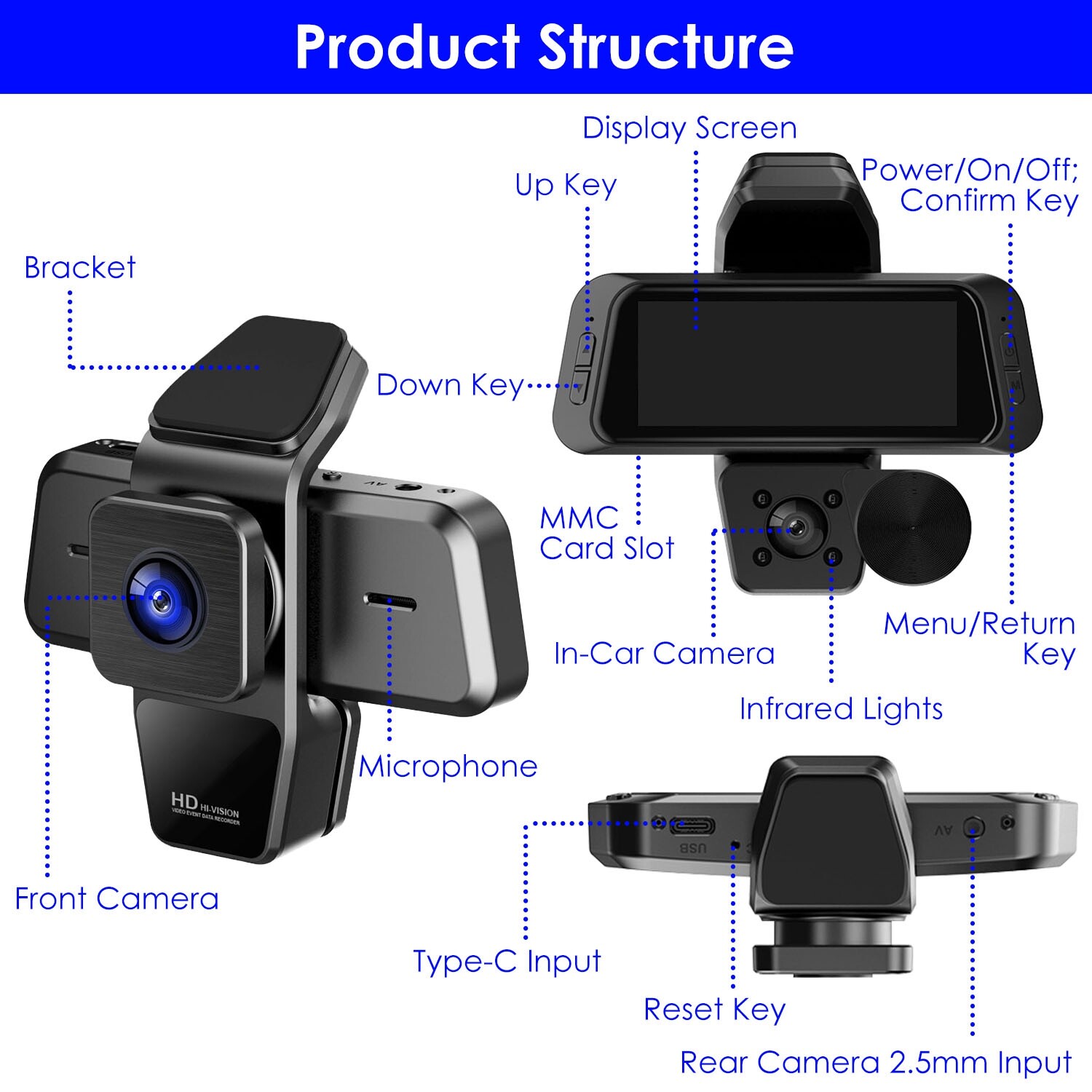 4K 3 Channel Dash Cam Front and Rear Inside, 5G WiFi Dash Cam, Night Vision