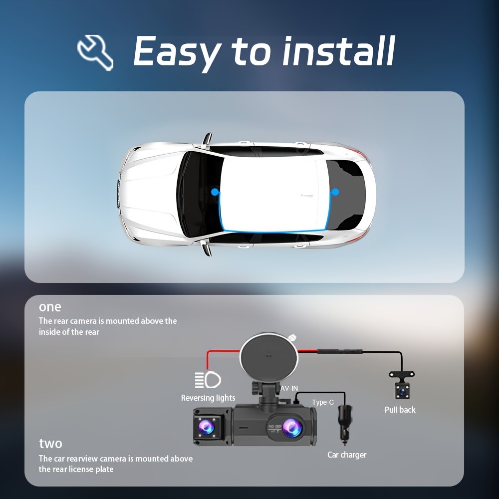Long Lasting Durable 2-Inch IPS 3-Channel Dash Cam with 32GB WiFi & Night Vision