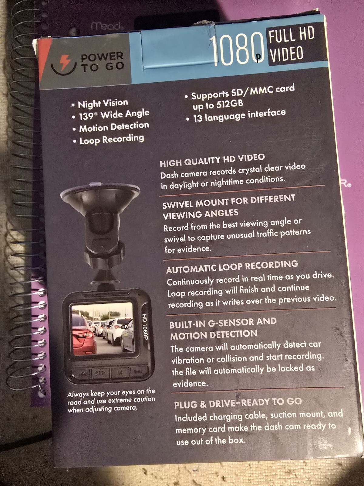 Power To Go 1080p Full HD Video/DVR Dash Camera Wide Angle – NEW IN BOX!