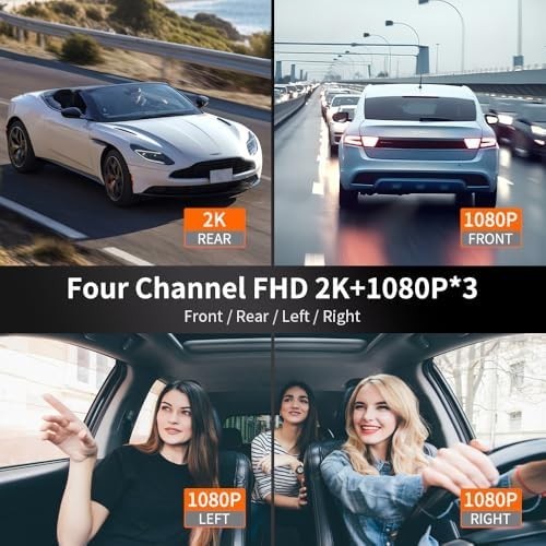 360° Dash Cam Front and Rear View 4 Channel Dash Camera FHD 2K+1080Px3 for