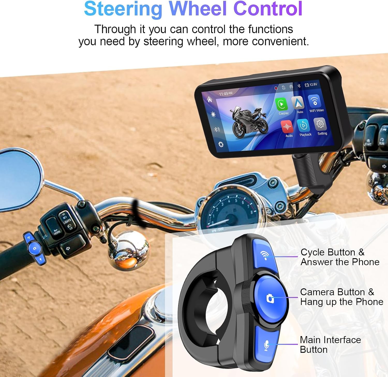 6.25 Inch Motorcycle Dash Cam, Wireless CarPlay and Android Auto