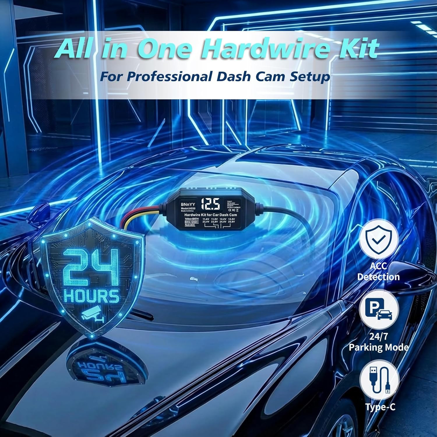 USB-C Hardwire Kit for Dash Cam with Acc Detection, 4-Level Adjustable Low Volta