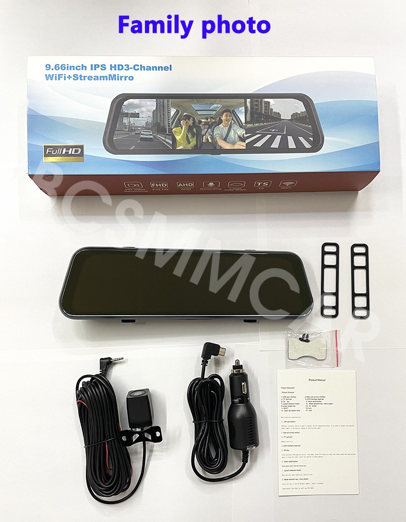 9.66in Dash Cam 3 CH Mirror Car DVR Video Recorder Camera Night Vision G-Sensor