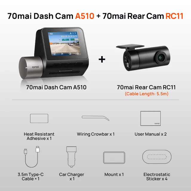 70mai A510 1944P Smart Dash Cam Set with Rear Cam Global Version AU Stock
