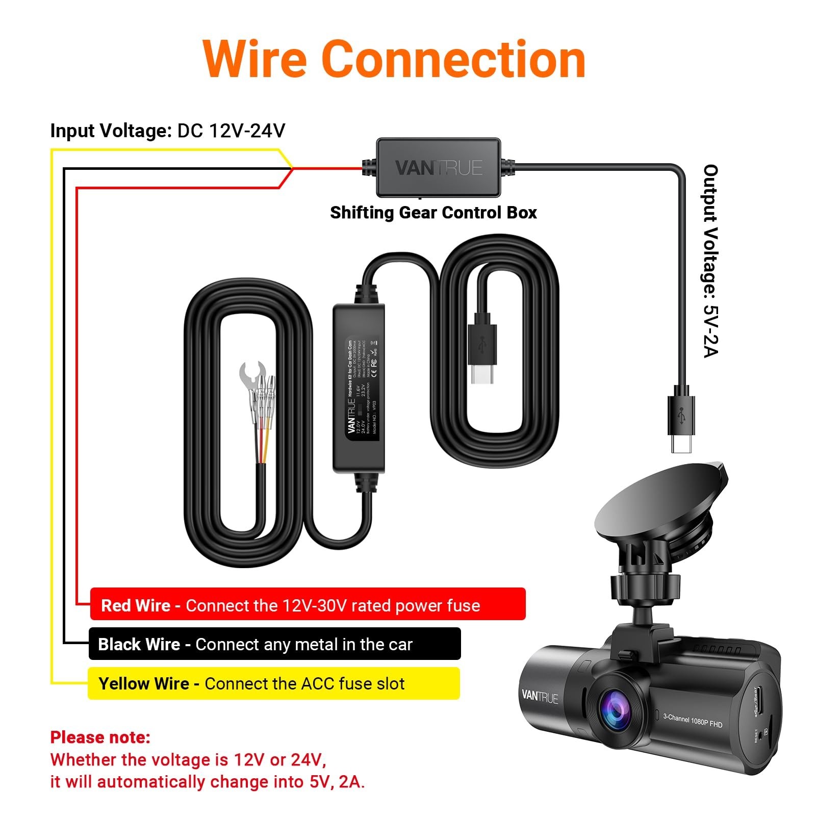 USB-C Hardwire Kit 11.5ft for Dashcams, 12V-24V to 5V, Low Voltage Protection, A