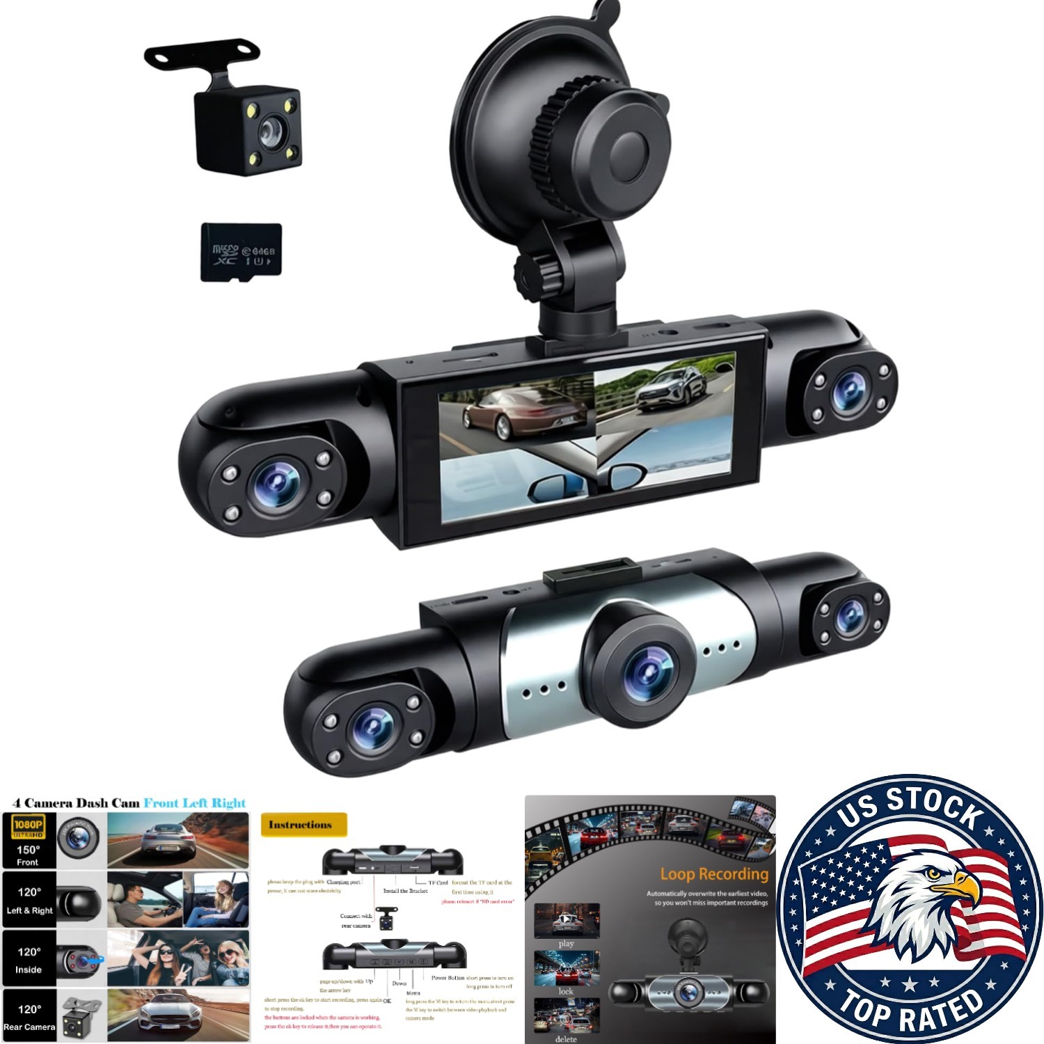 Full HD 1080P 4-Channel Dashboard Camera with Motion Detection & Parking Mode