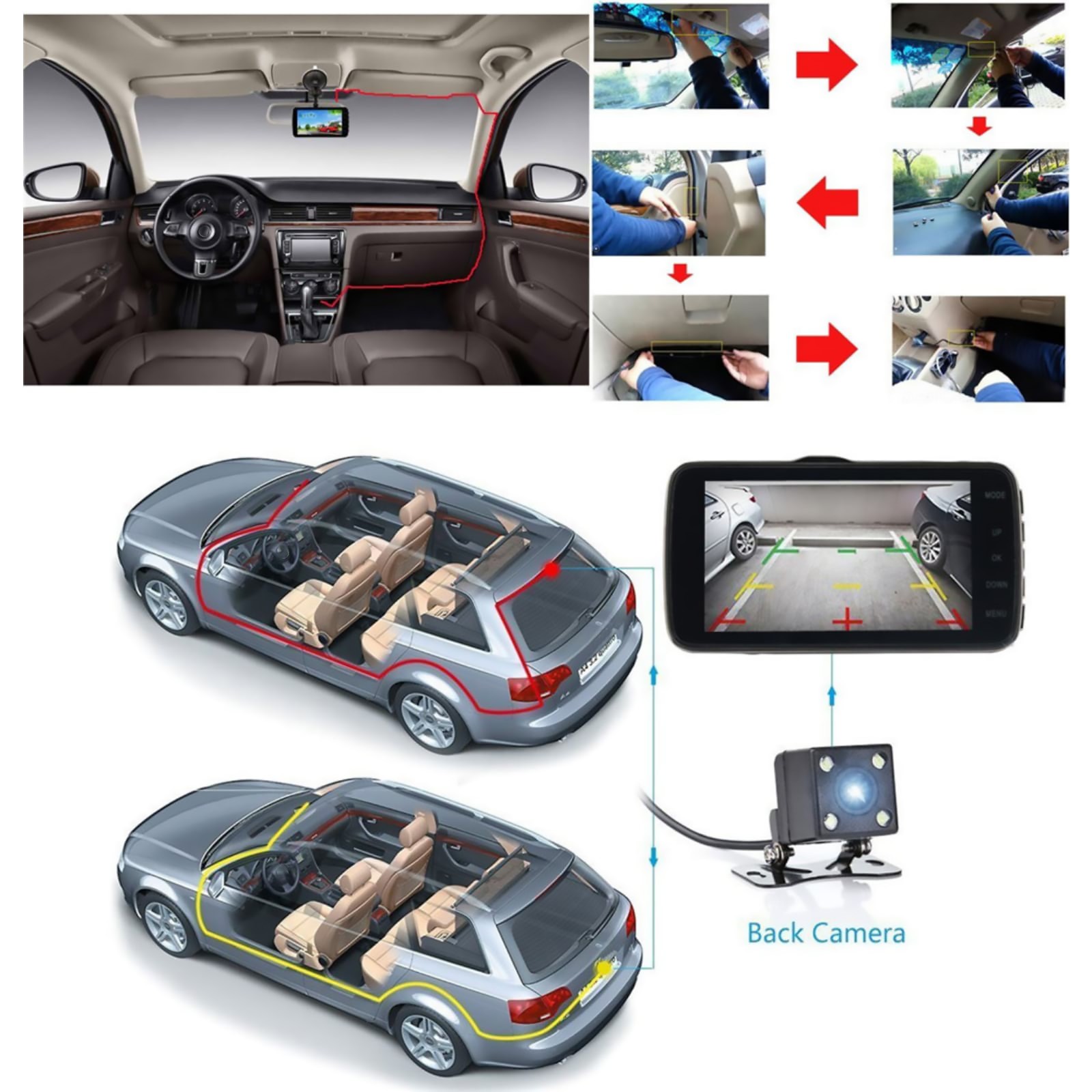 1080P 4 Camera Dash Cam Front Rear Cabin Side Recorder 64GB Card 170 Degree Wifi