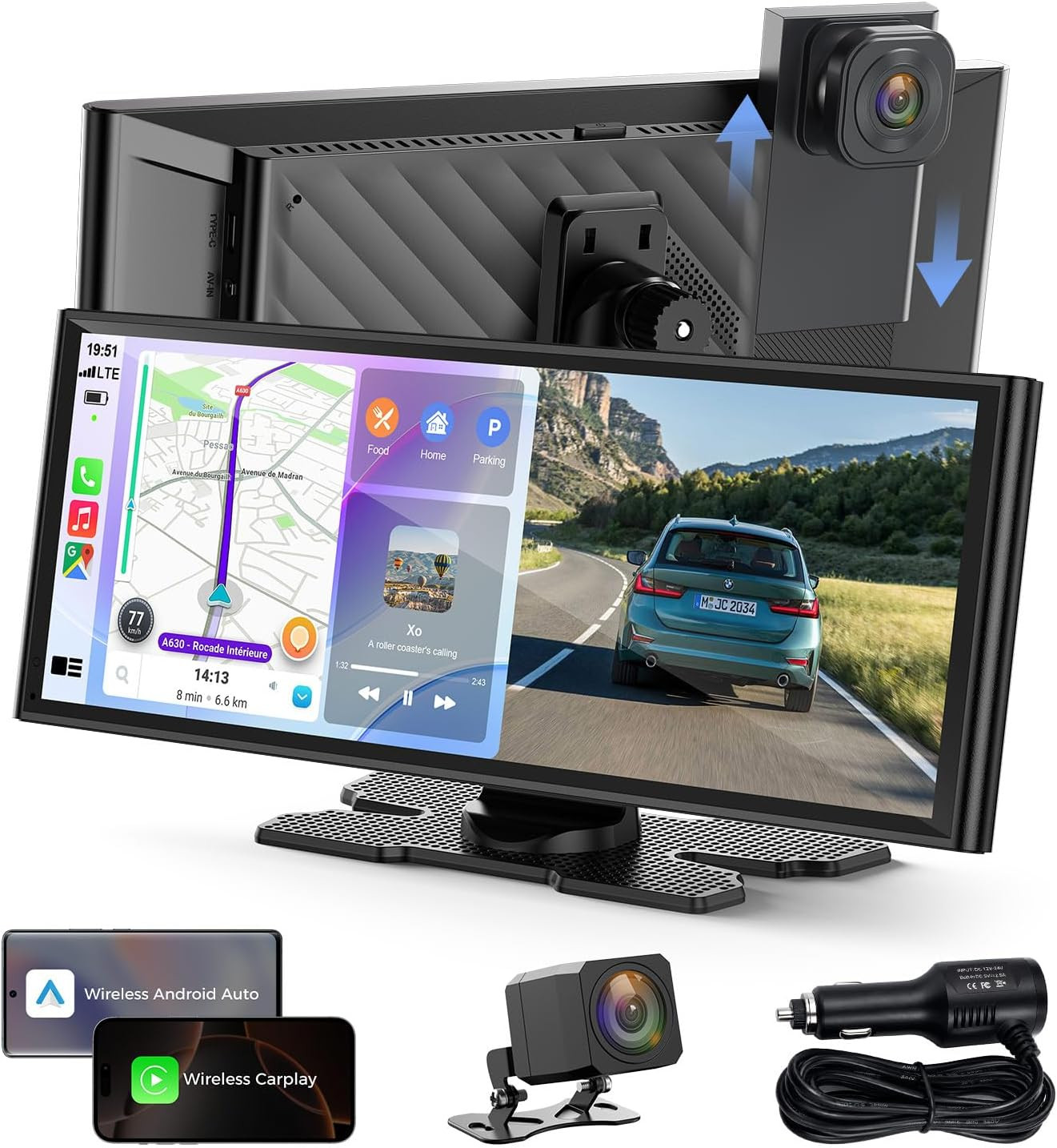 9.26″ Wireless Carplay Screen with 4K+1080P Dual Dash Cam Front and Rear | Backu