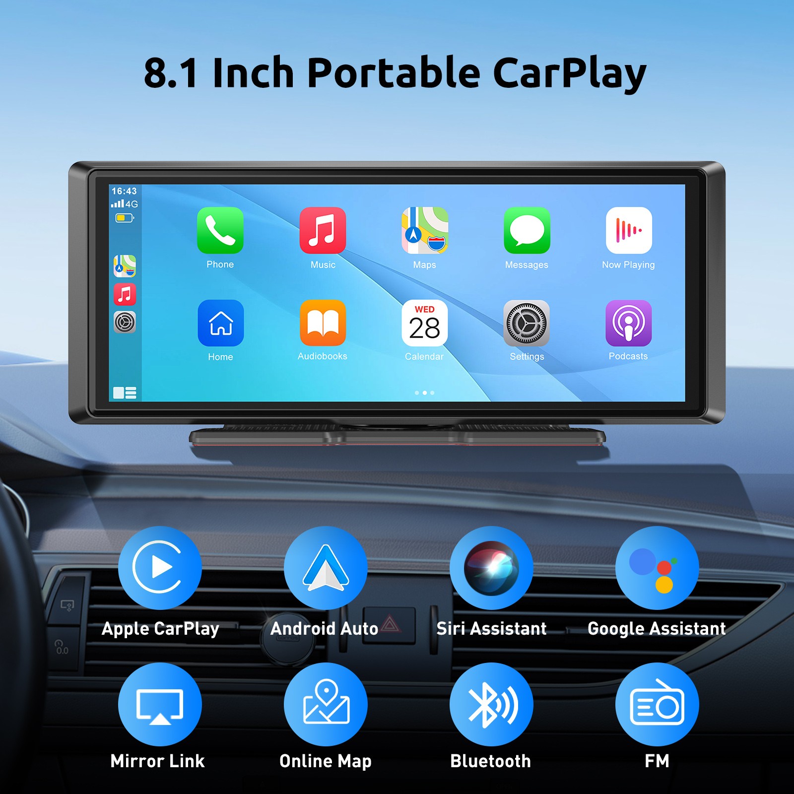 8.1” Portable Car Stereo Apple Carplay Screen Android Auto Navi FM With AHD Cam