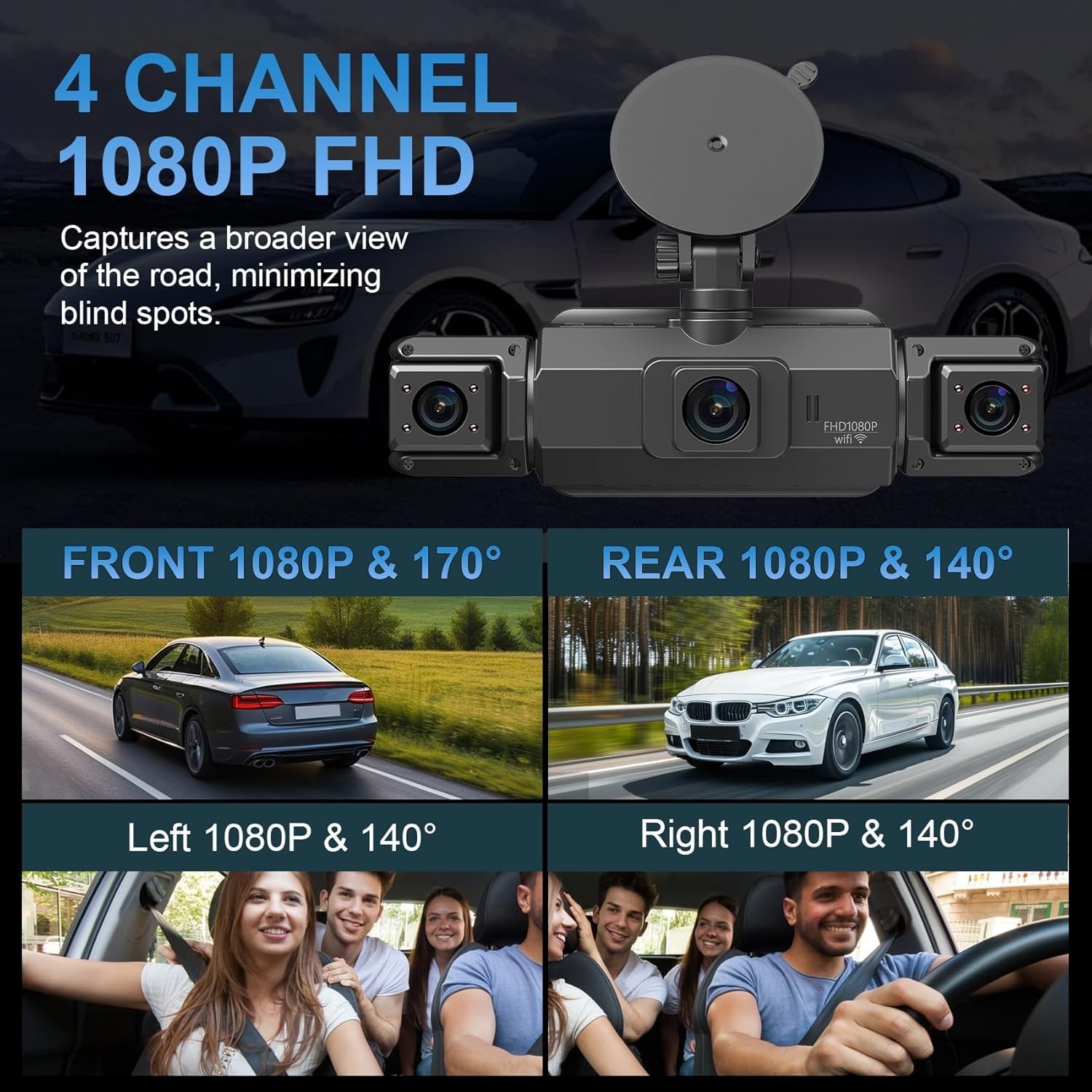 1080P 4 Channel Wifi Dash Cam Driving Recorder HD Car Front+Rear Camera G-Sensor