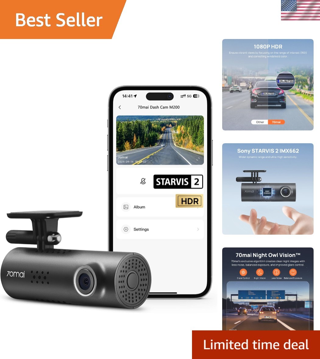 Compact Dash Cam with App Control, HDR Night Vision & Time-Lapse – 70mai M200