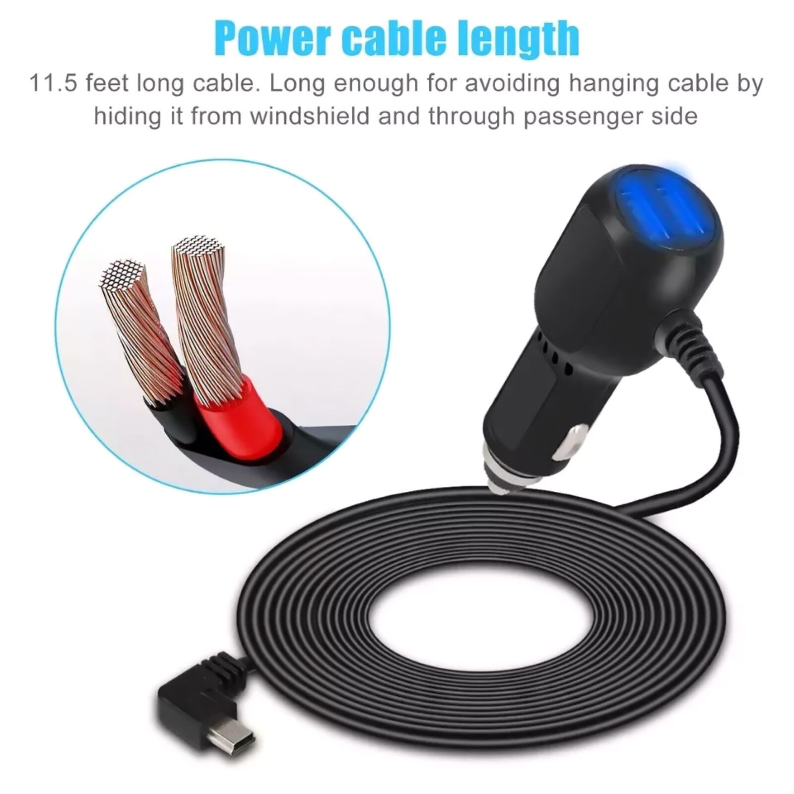 11.5ft USB Dash Cam Car Charger Cable Power Cord Supply for DVR Camera GPS