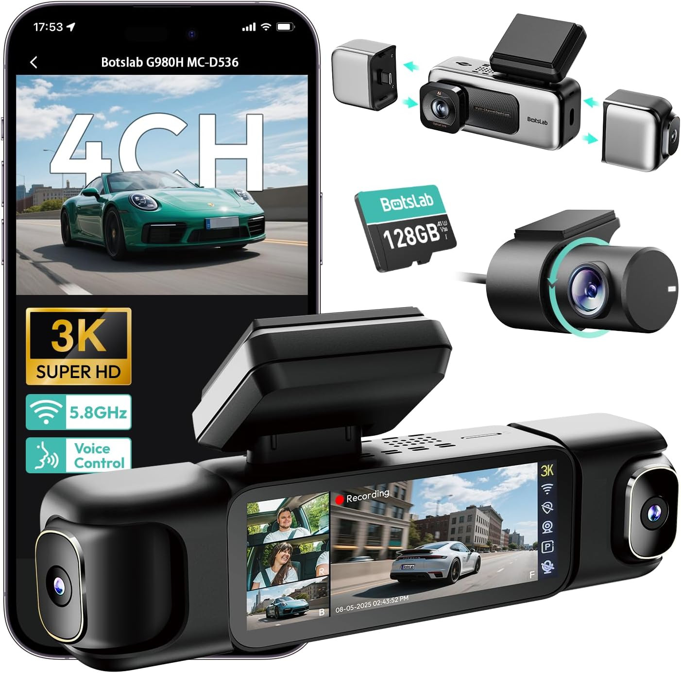 3K 4 Channel Dash Cam, 360° All-Around View, Front/Rear/Inside Car Cameras with