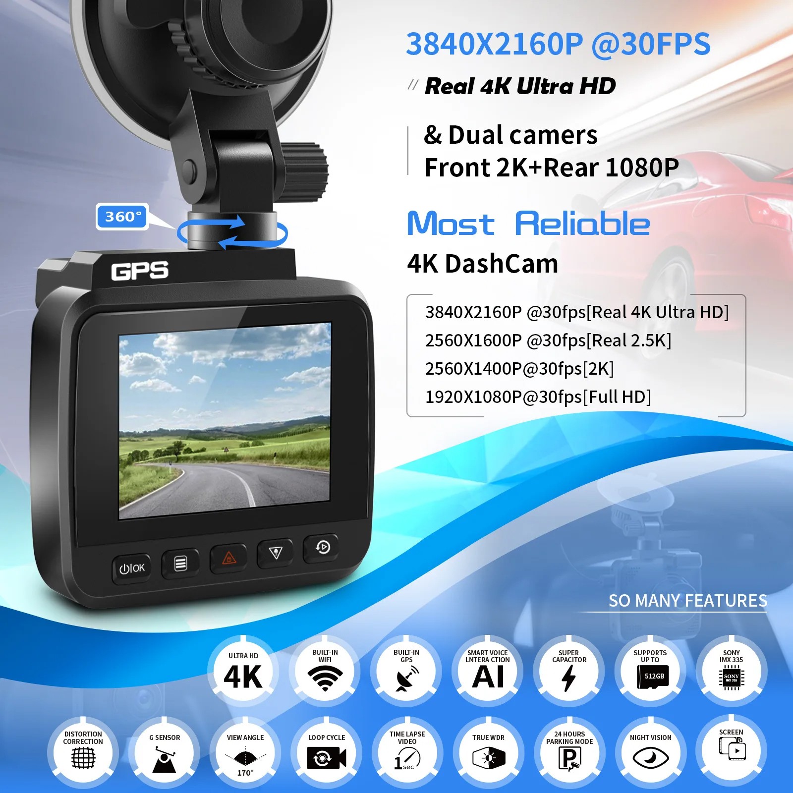3.0″ IPS 4K HD Car DVR G Sensor Night Vision GPS WiFi Dash Cam Driving Recorder