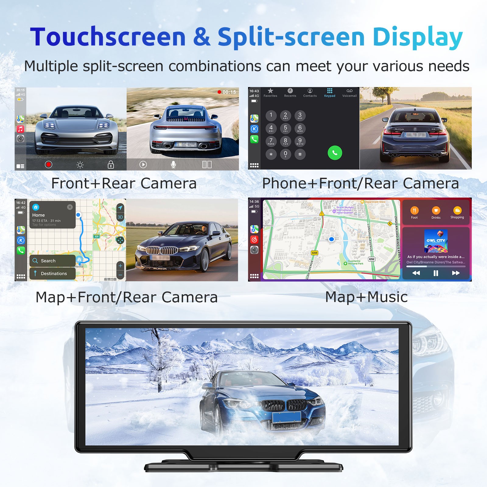 10.26″ 4K Wireless CarPlay BT Screen with 4K Dash Cam & 1080P Backup Camera US