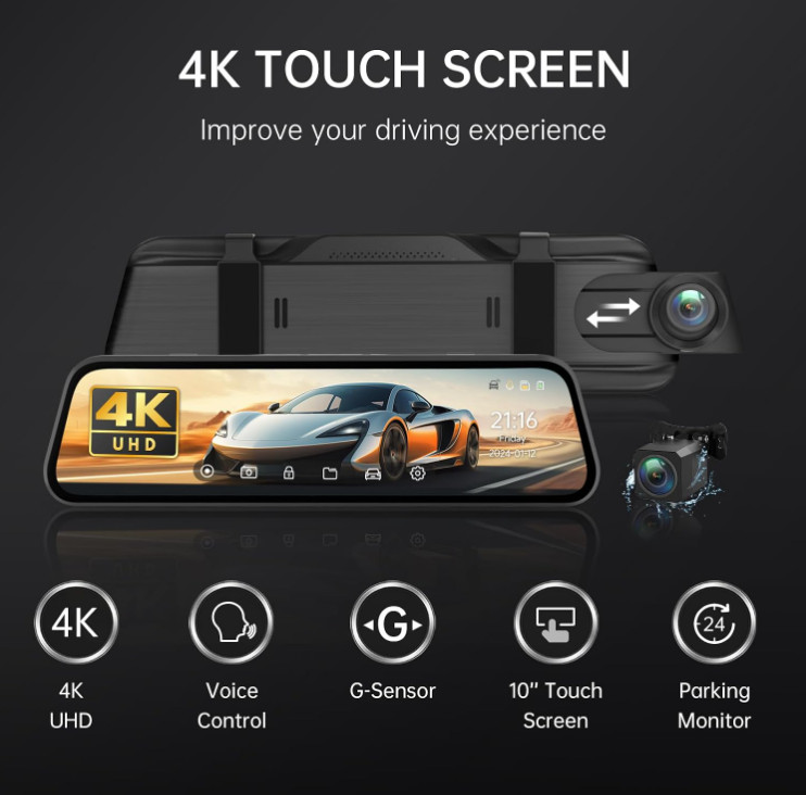 Cámara Espejo Coche 4K 10″ Táctil 1080P Trasera Visión Nocturna Tarjeta 32GB