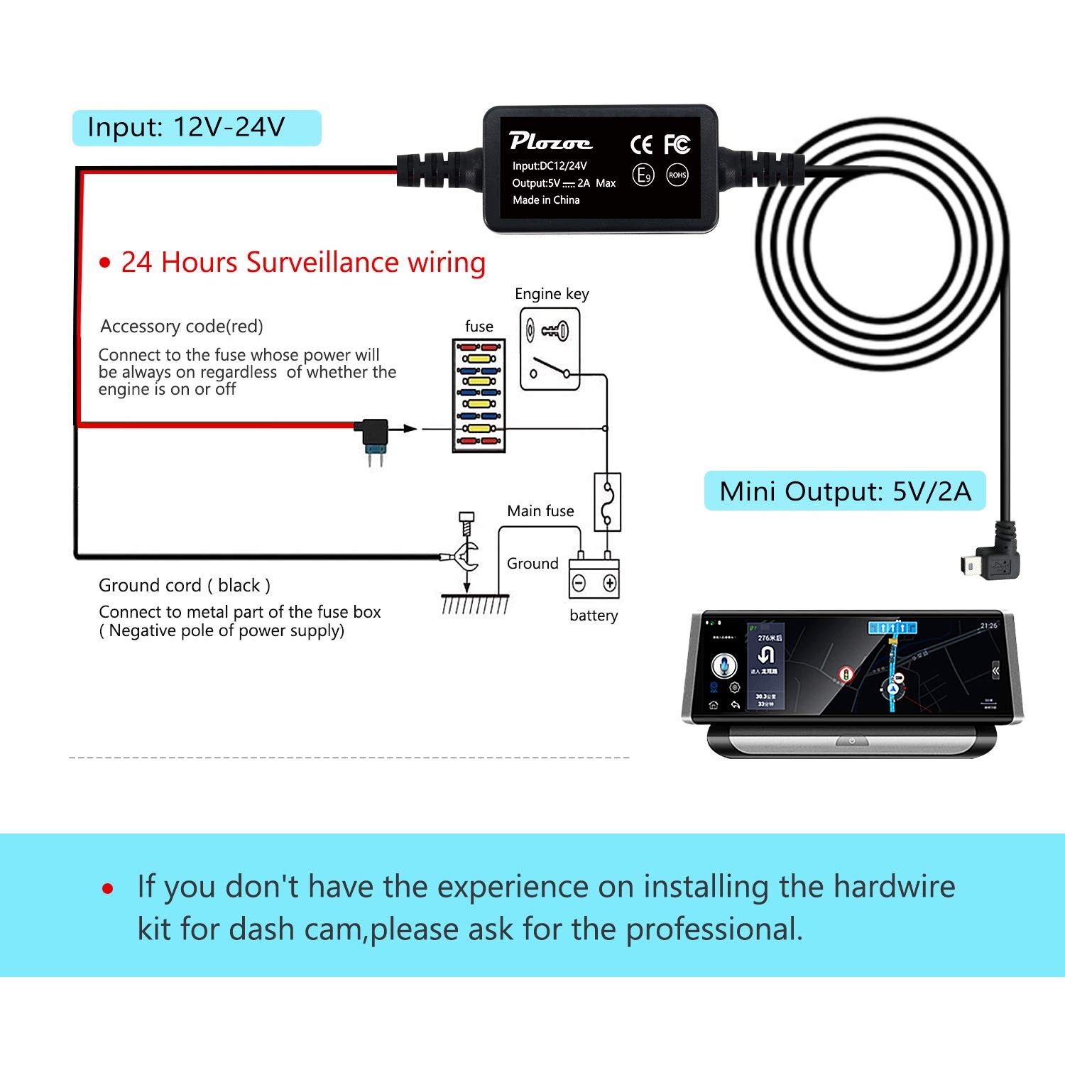 Kit de Cableado en Duro para Dash Cam Mini USB y Fusible para Cámara de Tablero