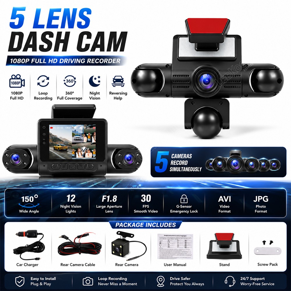 4-Channel Dashcam 360° 1080P HD Car Dash Camera Front Rear Inside Left Right US