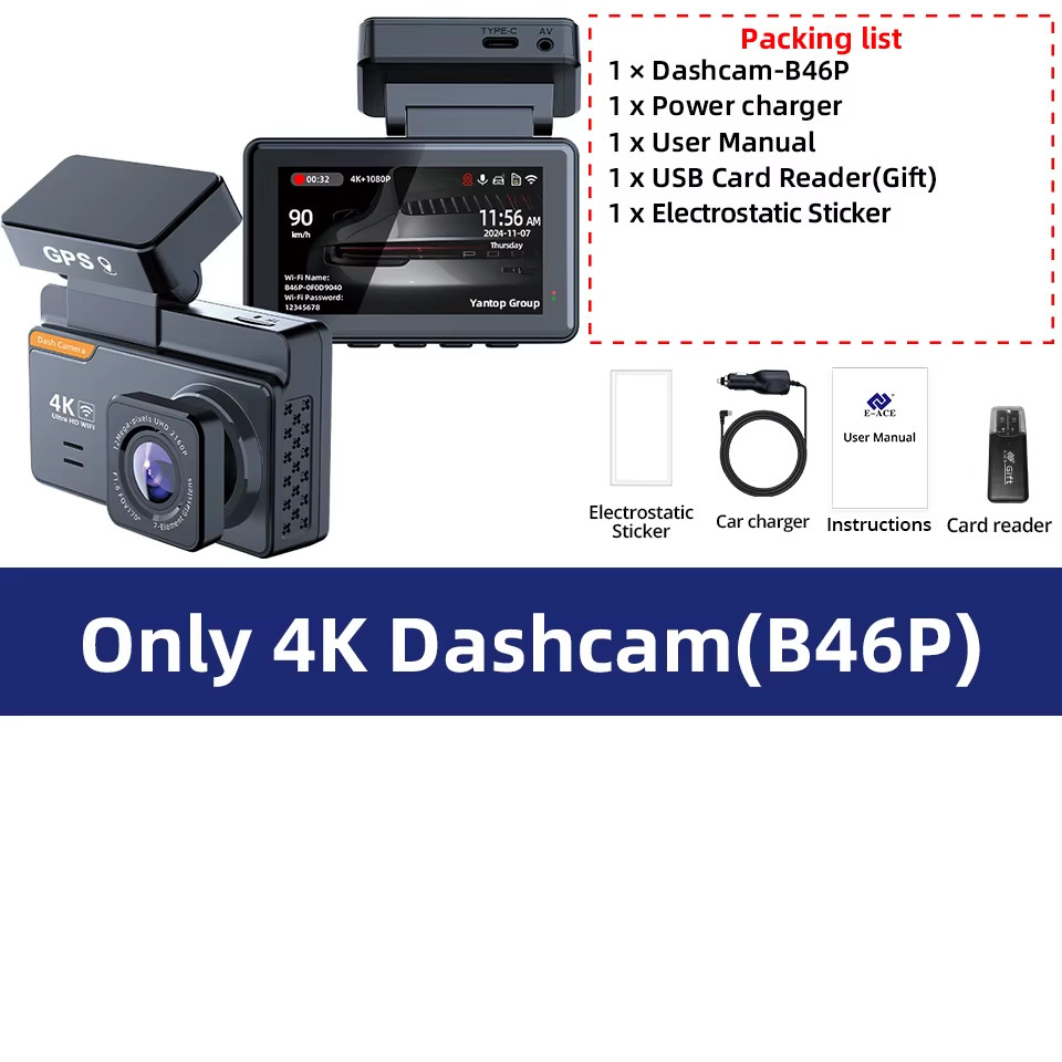 Dash Cam 4K 3 Inch Mini Car Dvr Dual Lens with GPS WIFI 24H Parking 1080P Rear V