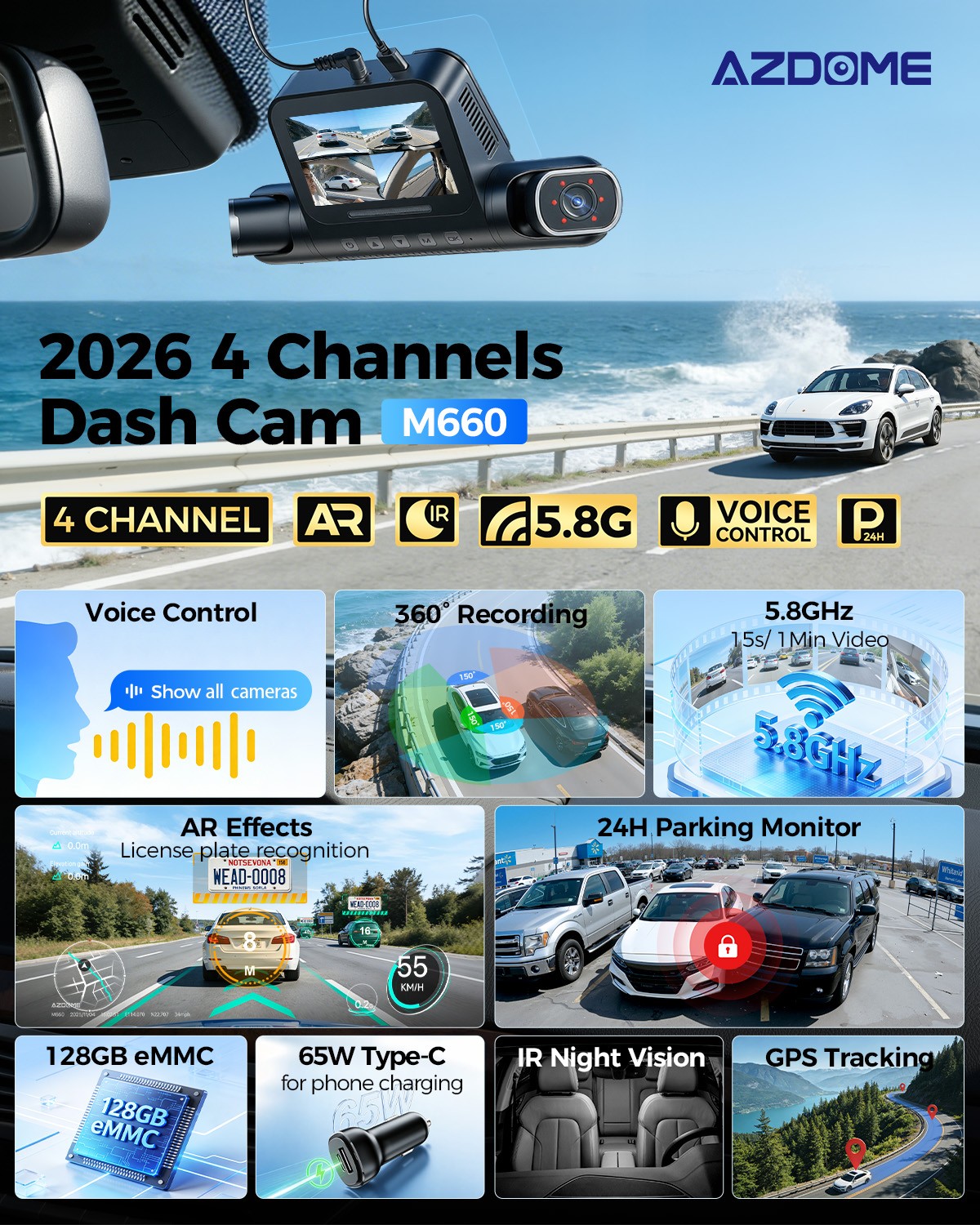 AZDOME 360° 4CH 4K 3″Dash Cam 5G WiFi GPS 2K/1080P Parking Monitor 128GB eMMC