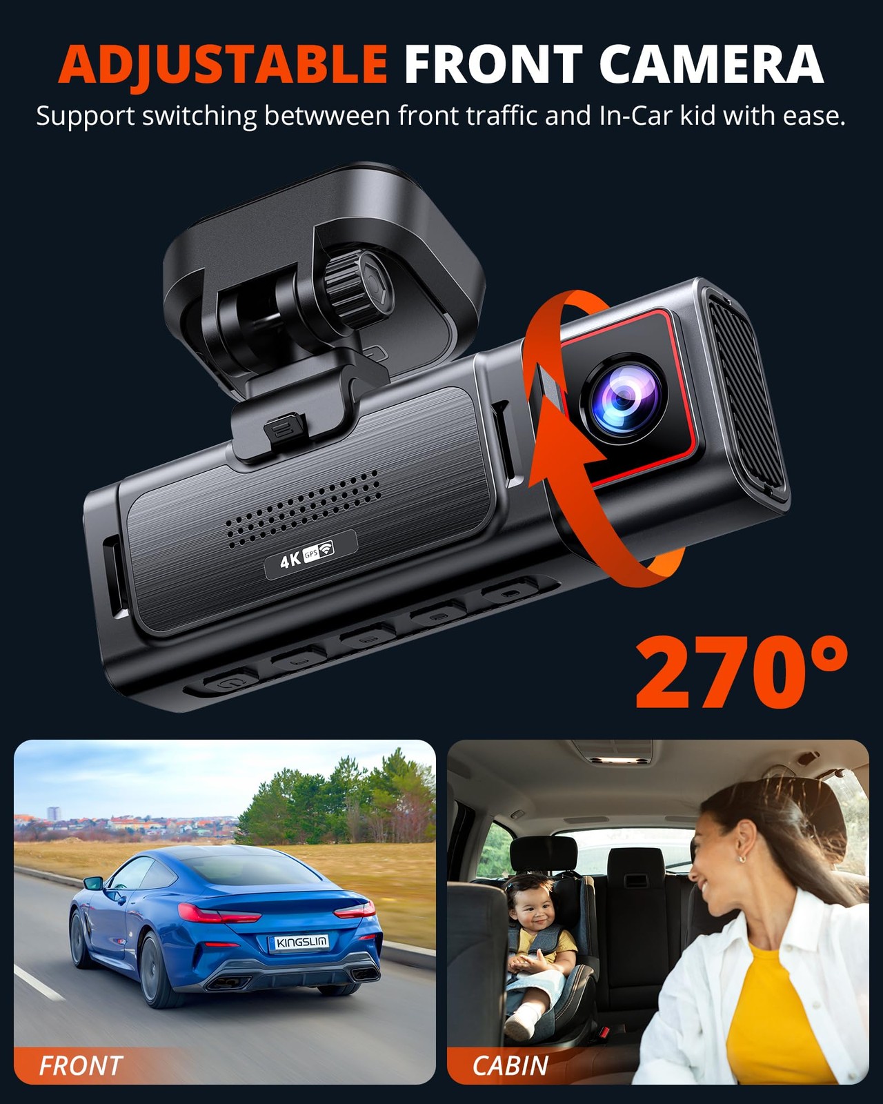 Kingslim D4PRO Dash Cam Front and Rear – 4K + 2K Dual Type C, Support 256GB Max