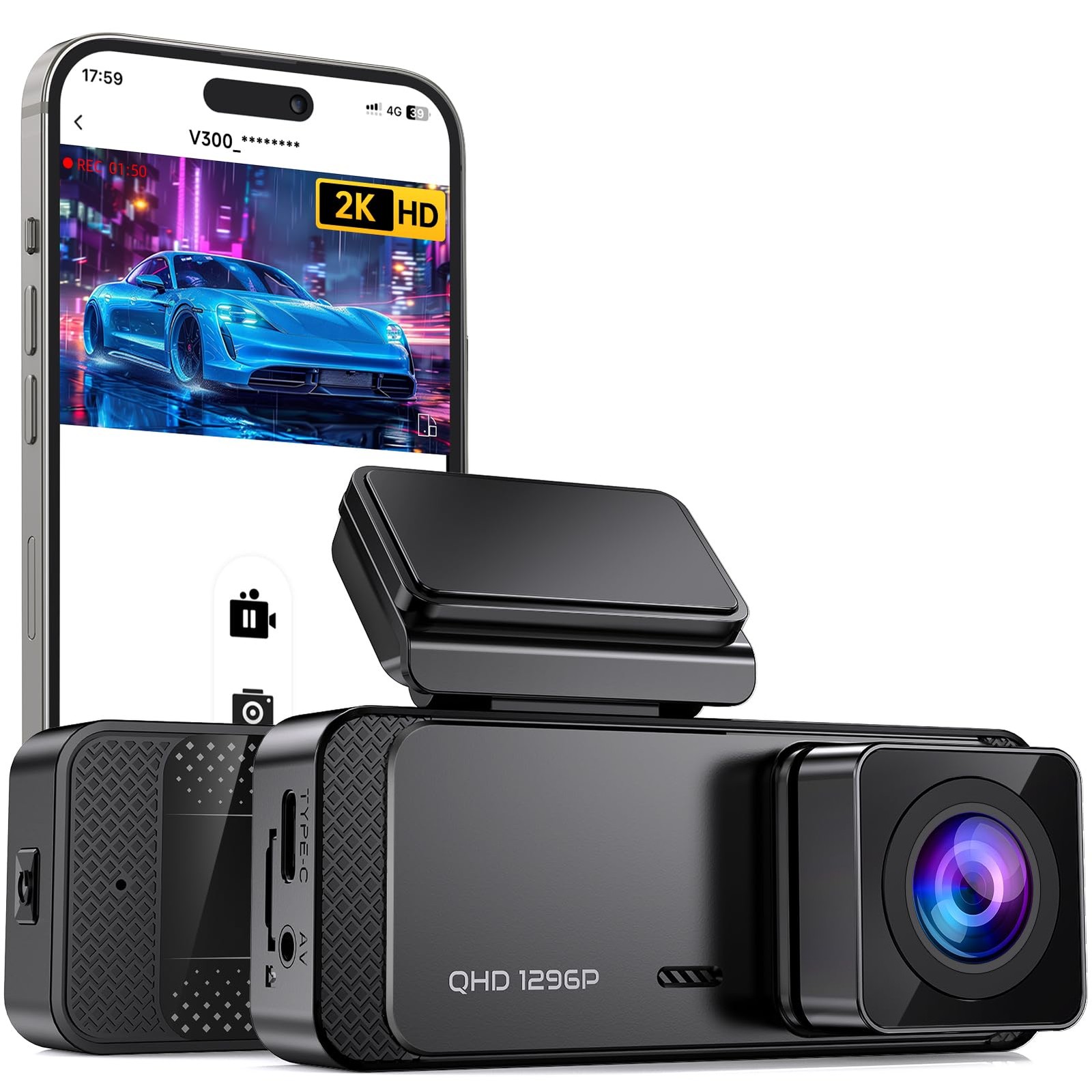 Dash Cam 1296P Front V300 WiFi App Night Vision Hidden Loop Recording Black