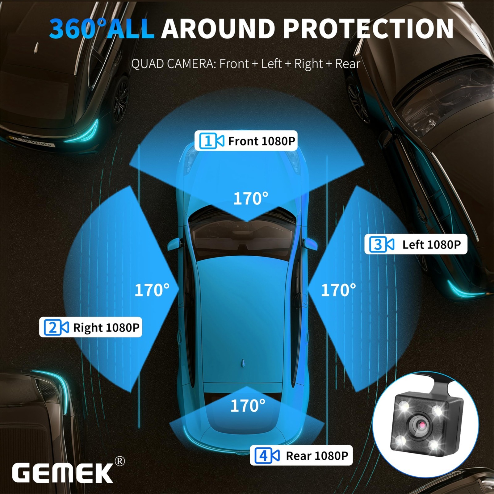 4 Channel 360° Dash Cam 2K Front & Rear, WiFi APP Control, Night Vision, G-Senso