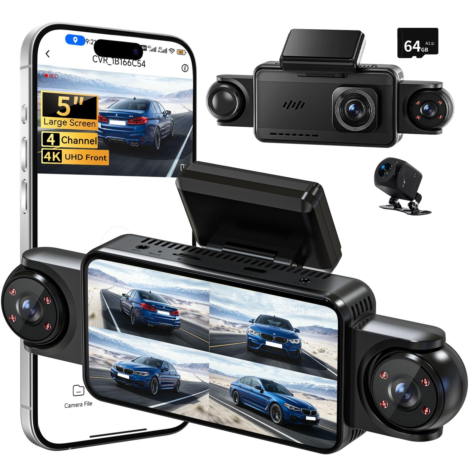 360°View 4 Channel Dash Cam, 5” IPS Large Screen Dash Camera for Cars, 4K+10…
