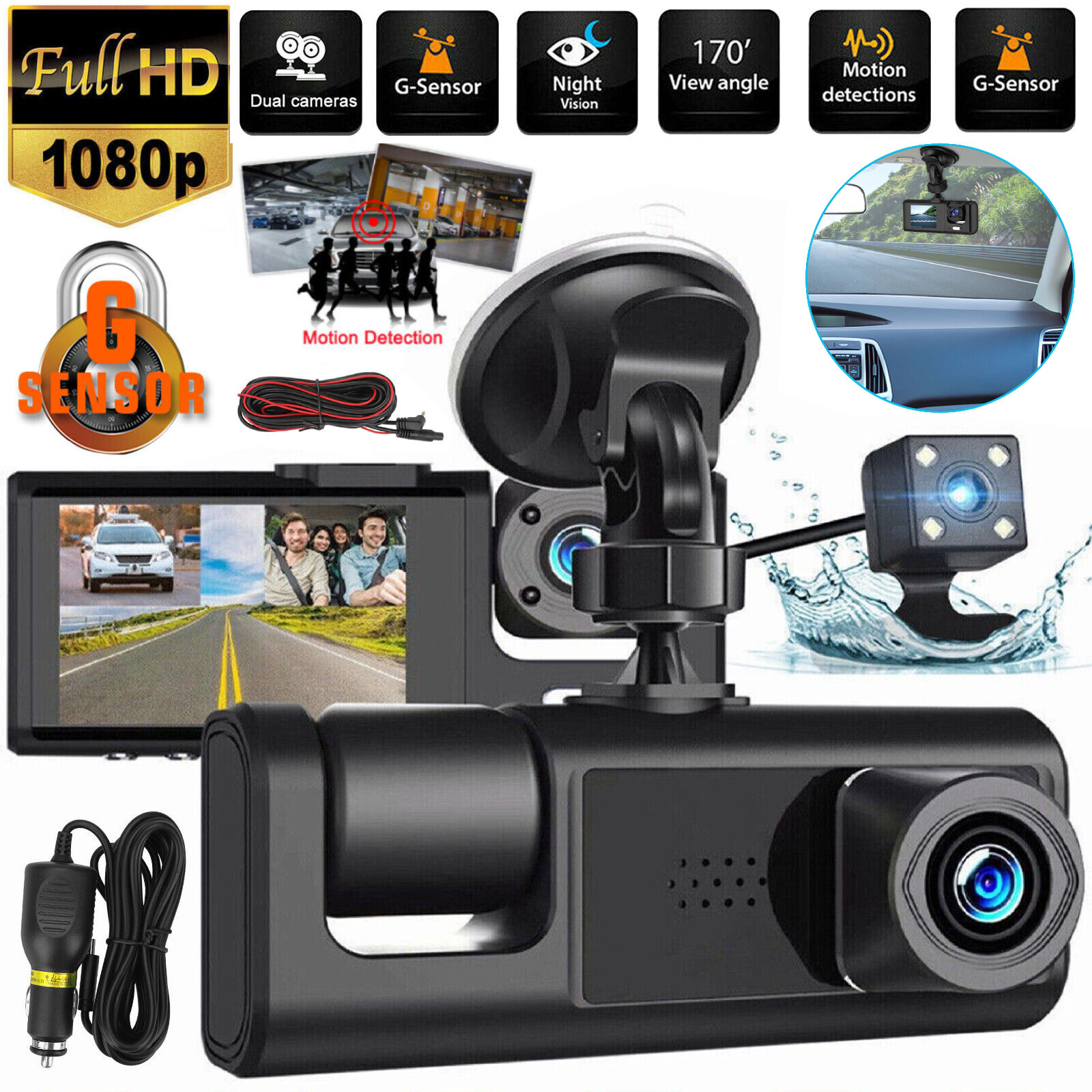 FHD 1080P Dash Camera Car DVR Front/Rear/Inside Recorder G-sensor Night Vision