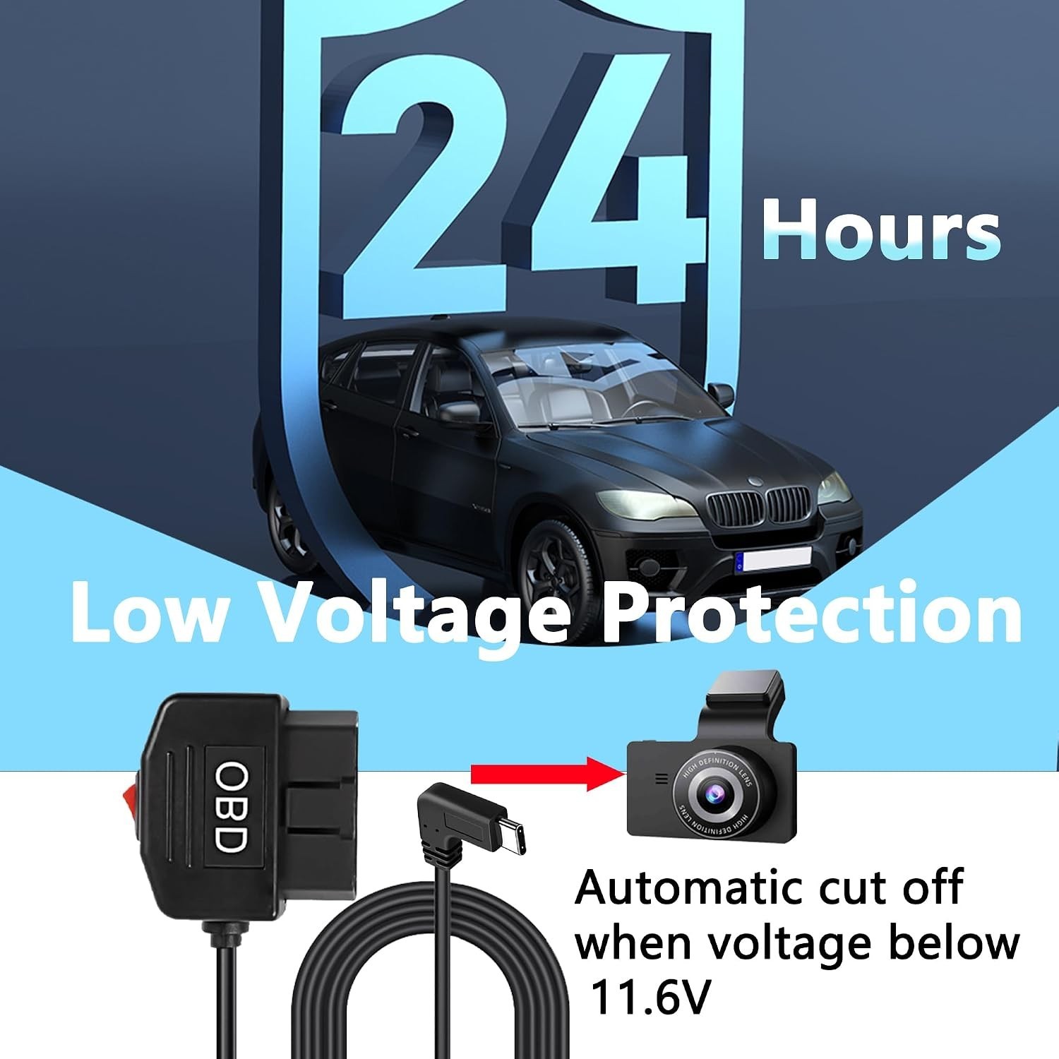 OBD OBD2 Hardwire Kit Power Cable for Dash Camera with 90Degree USB Type C 12-36