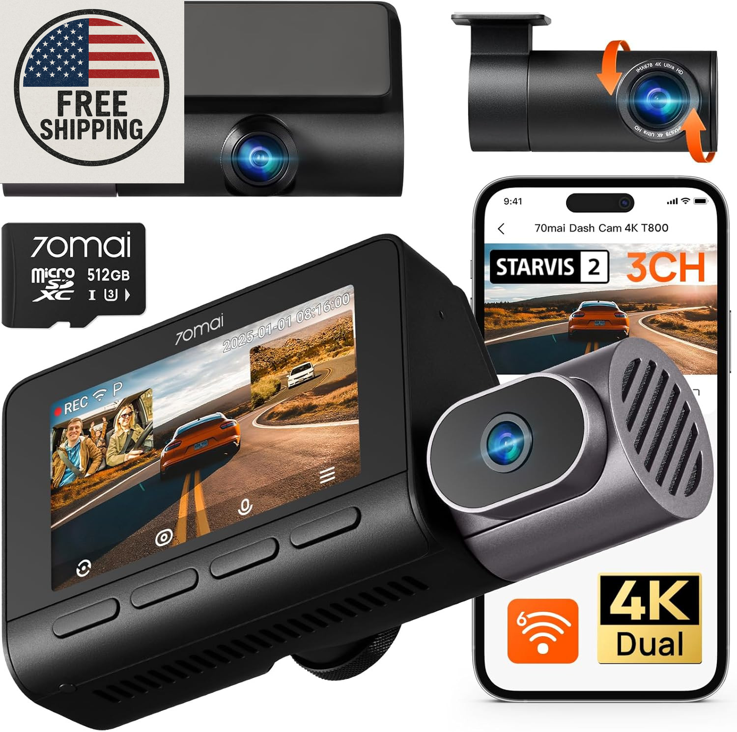 70Mai 4K T800 3 Channel Dash Cam, Dash Cam Front and Rear Inside(2160P+2160P+108