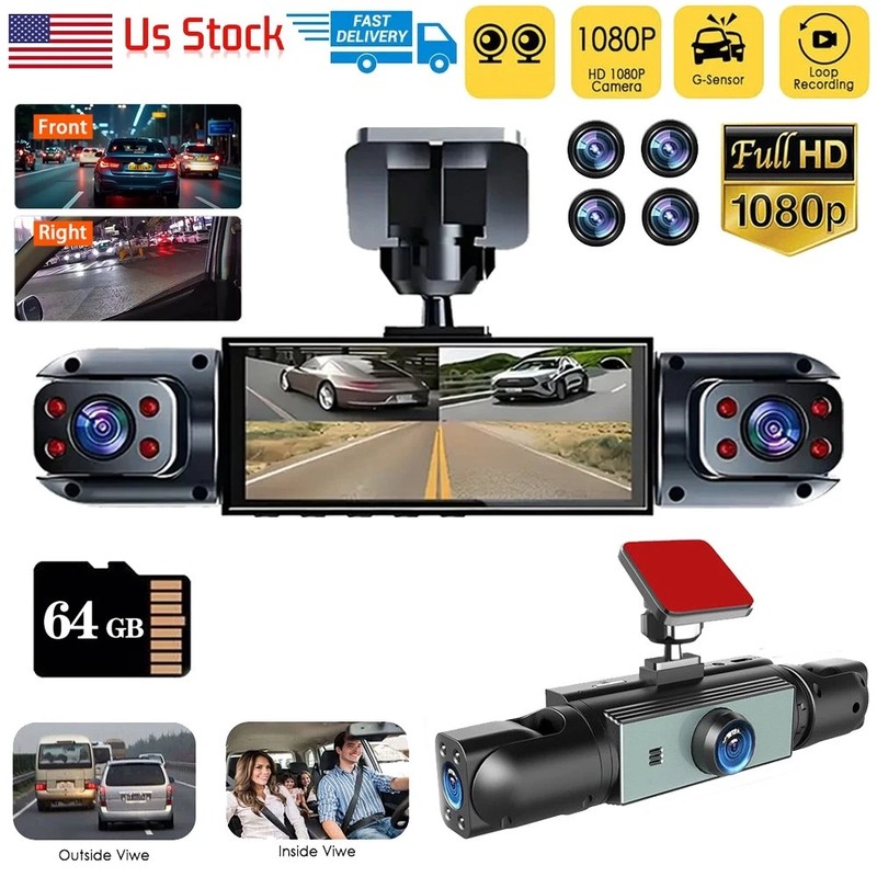 1080P Dash Cam 360° Front Rear Left Right 4 Dash Camera With 64GB SD Card US