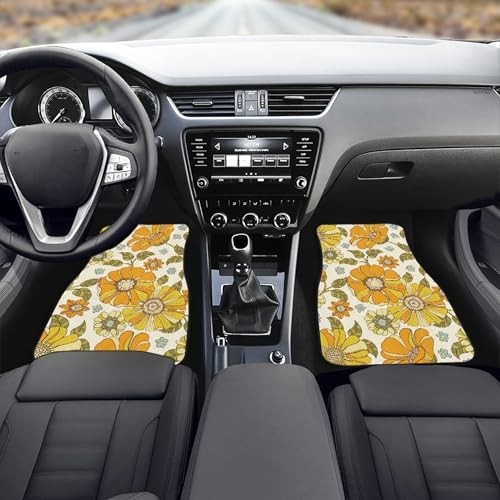 Retro 70s Style Flower Car Floor Mats 4Pcs Groovy Pattern with Flowers Orange