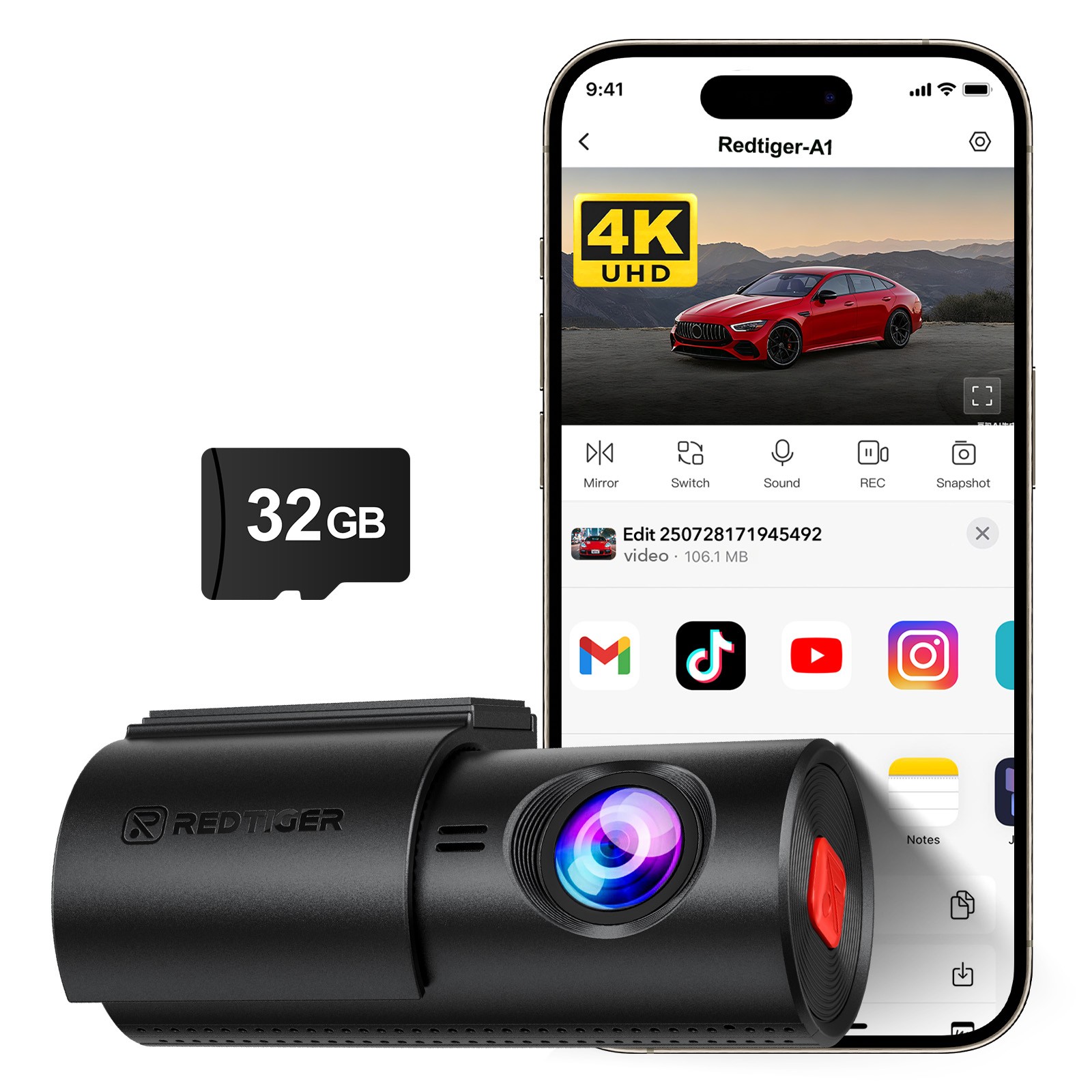 REDTIGER A1 4K Dash Cam WiFi & APP Control Free 32GB SD Mini Car Camera