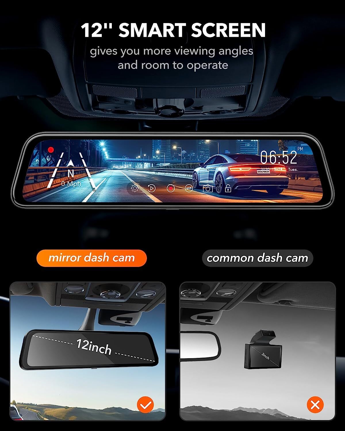 WOLFBOX 12″ 4K Mirror Dash Cam, 2160P Full HD WDR W/Hardwire Kit,Polarizing Lens