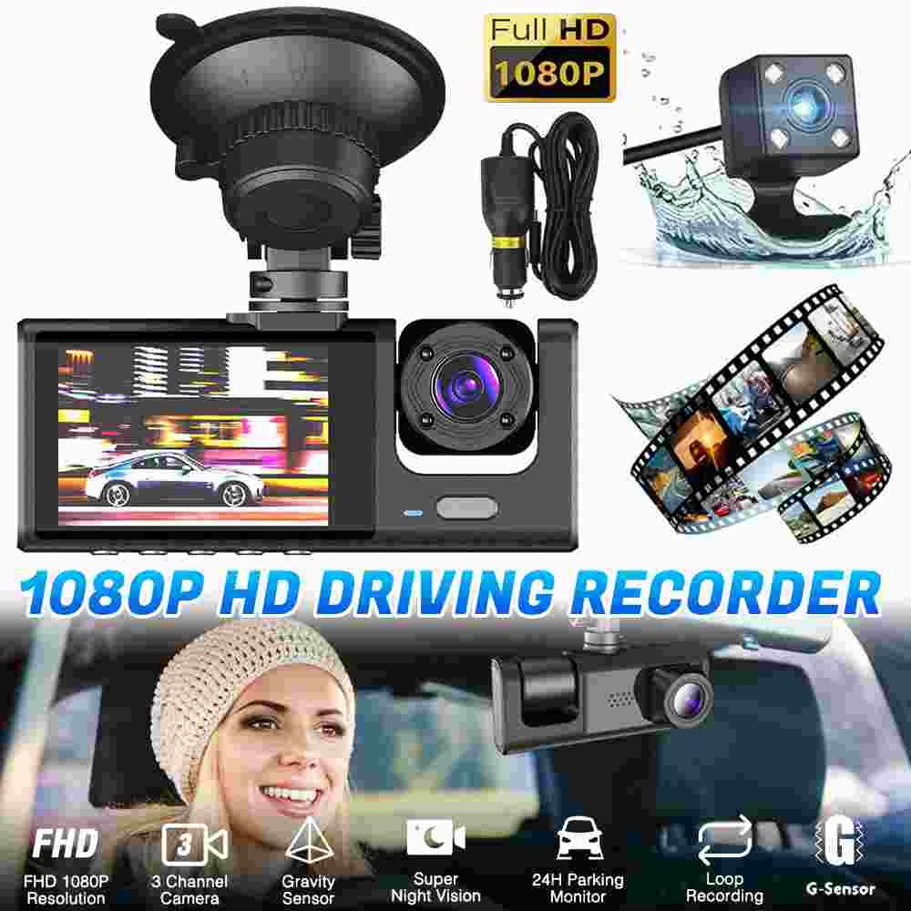 1080P HD Car Dual Lens Dash Cam Front/Rear/Inside Video Recorder Camera G-sensor
