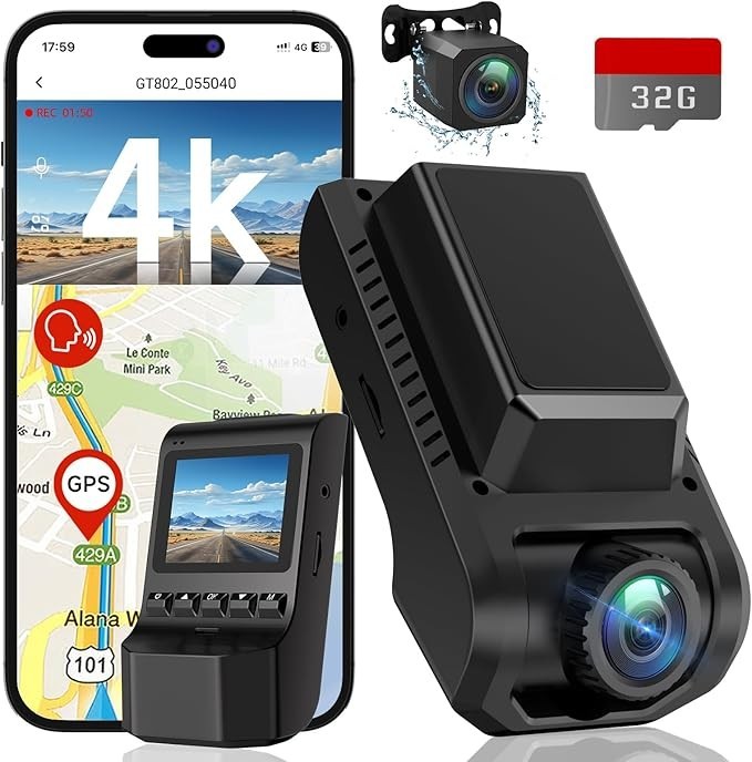 4k Dashcam W/ 1080p Rear, 2″ Screen, G Sensor Night Vision, 32g SD Card, and App