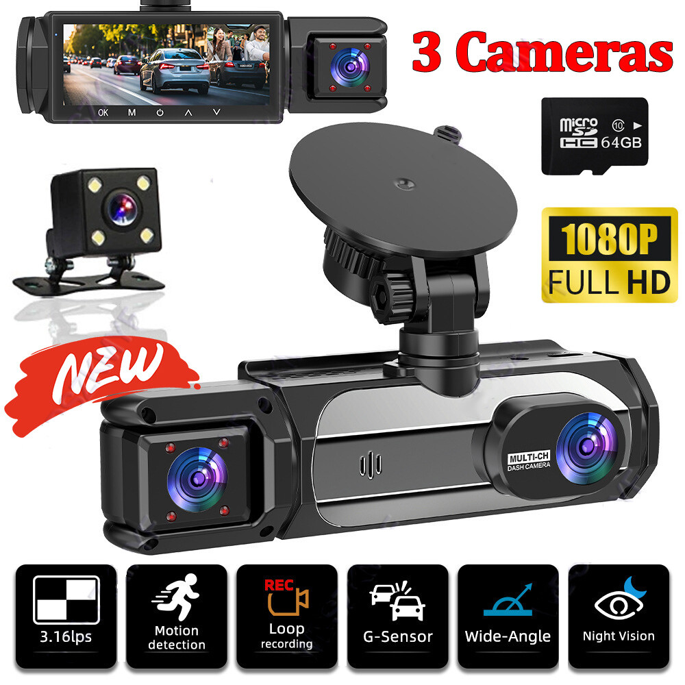 3-Channel 1080P Dash Cam Camera CAR DVR 3 Screen 64G Video Recorder Night Vision
