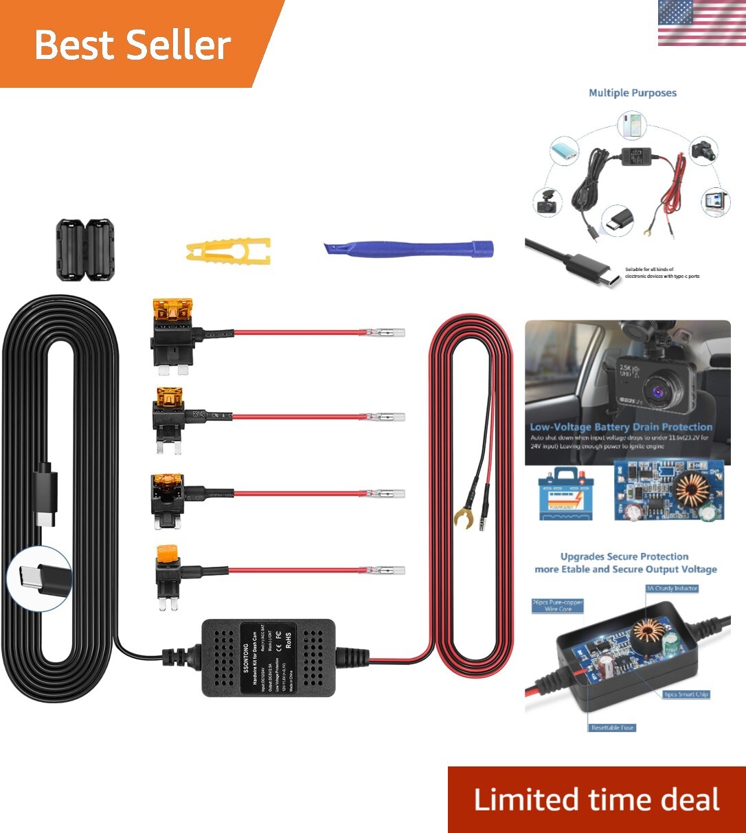 Versatile Dash Cam Power Cord – Type-C Hardwire Kit with Low Voltage Disconnect
