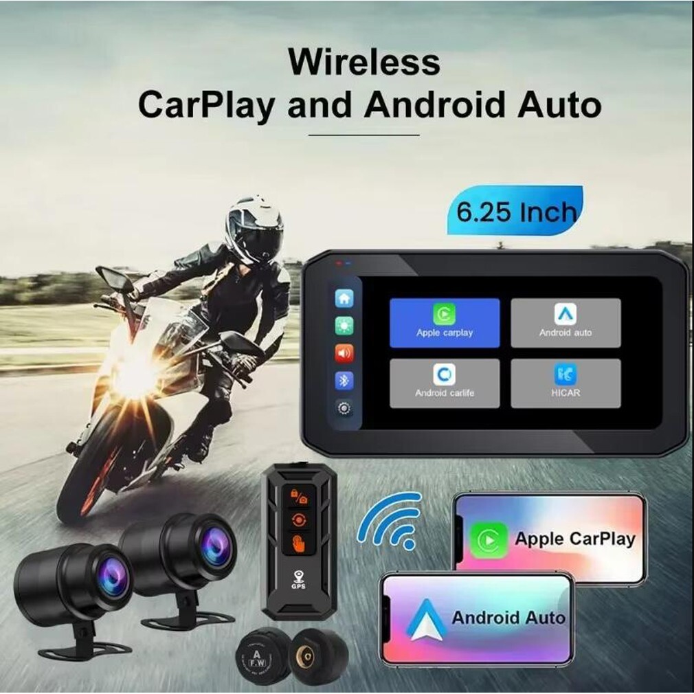 6.25inch Motorcycle 2K Dash Cam Dual BT Wifi GPS Navi Carplay Android Auto TPMS