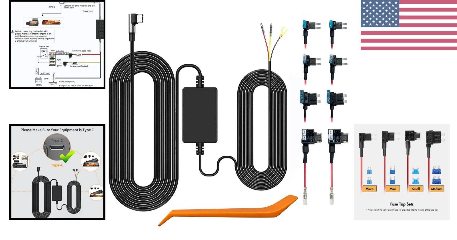 Multi-Connector USB C Hardwire Kit for Safe Dash Cam Installation in Any Vehicle