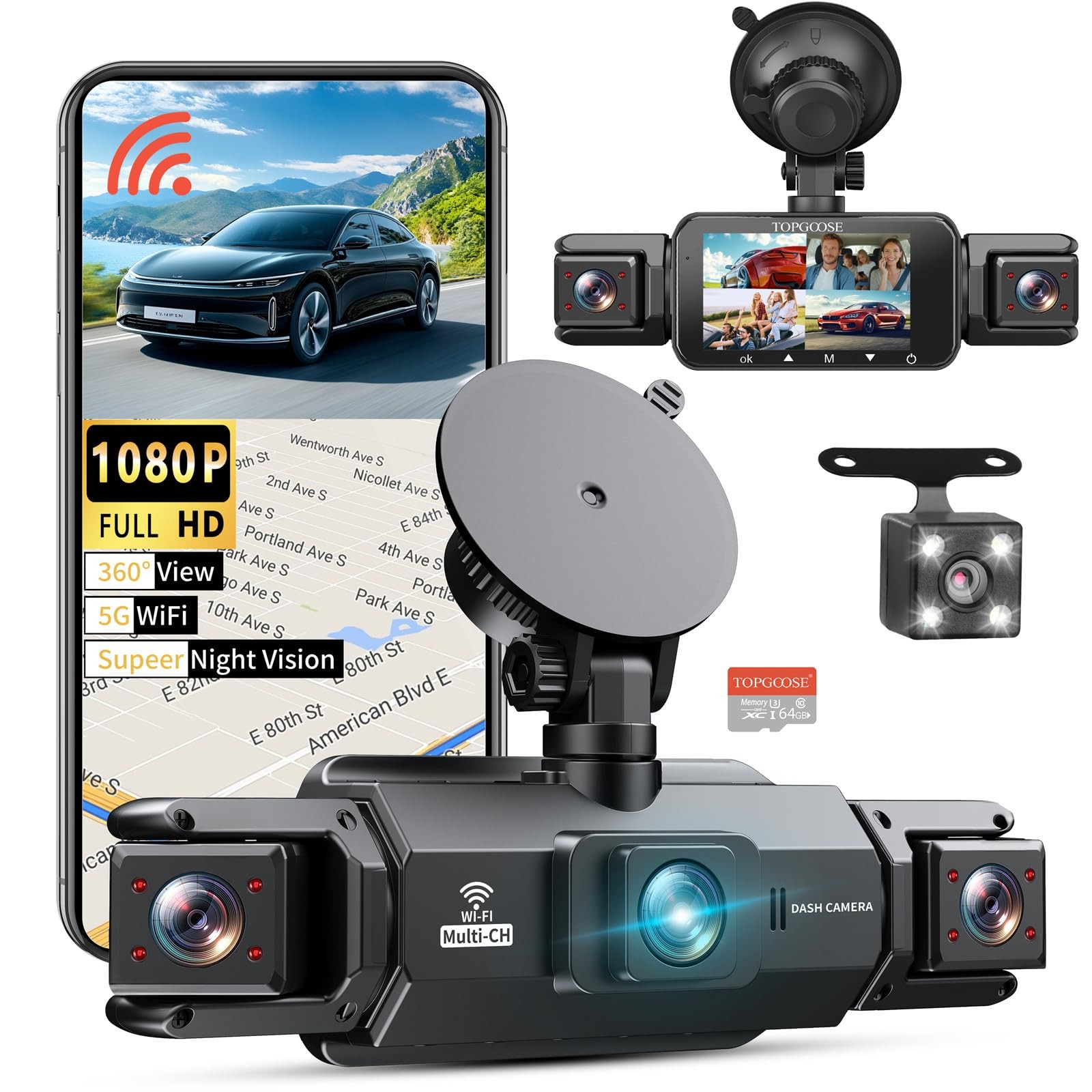 TOPGOOSE 360 Dash Cam 4 Channel 5G WiFi and APP Control Free 64GB Card 2K